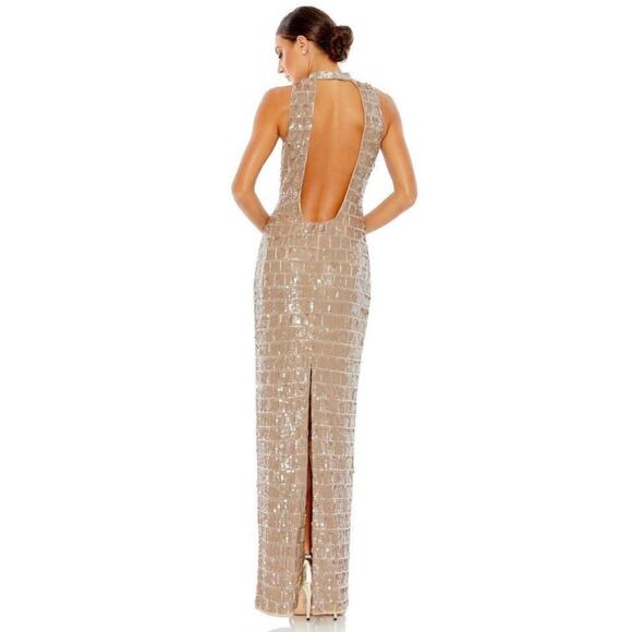 Mac Duggal Taupe Sequined High Neck Sleeveless Column Gown 10 NWT - Picture 3 of 5